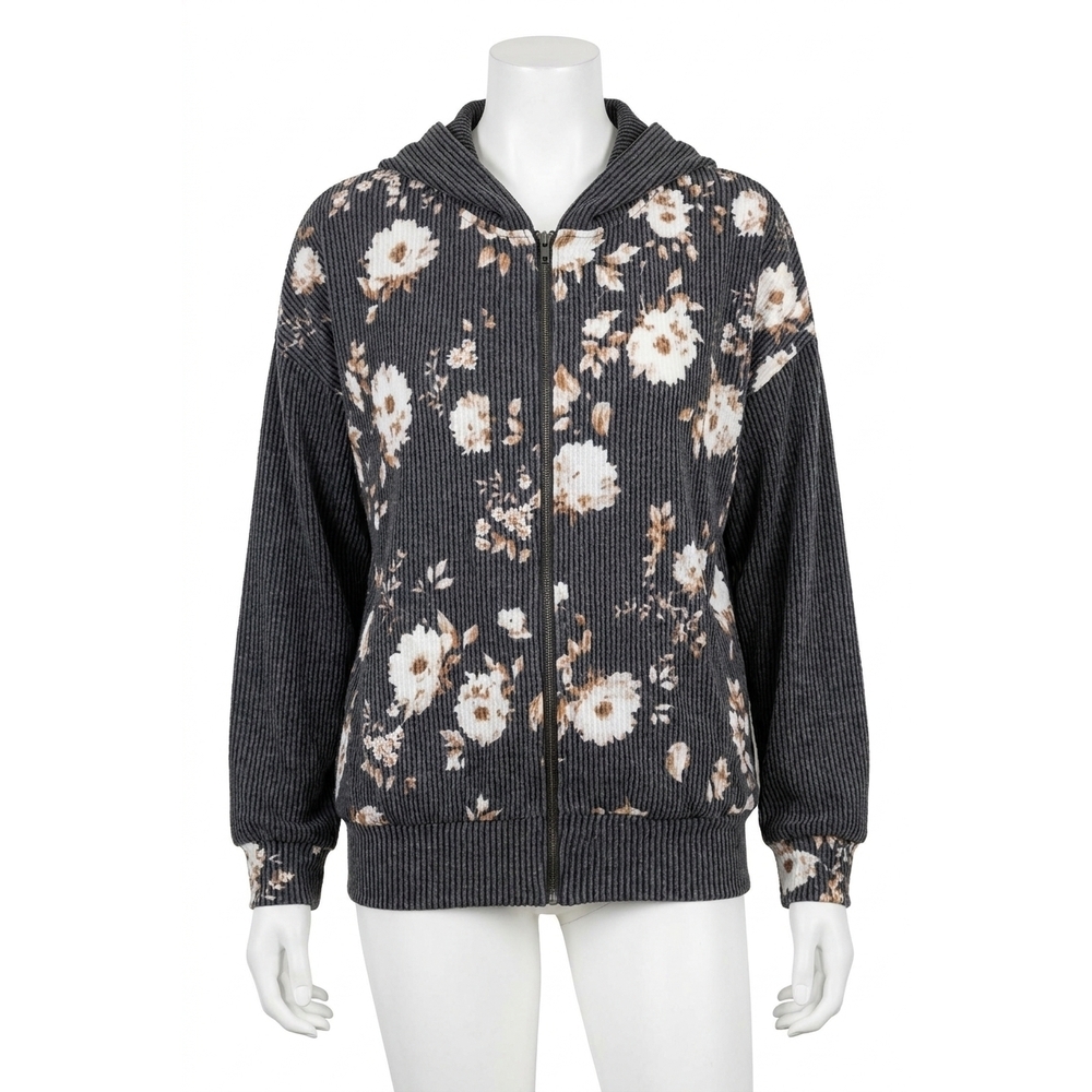 NEW MICHELLE MAE ramona ribbed floral zip up hooded bomber jacket in black